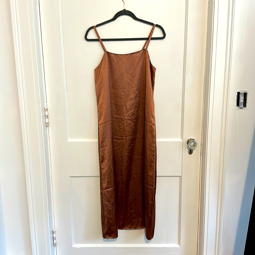 Everlane satin square-neck slip dress in cocoa brown, size 0